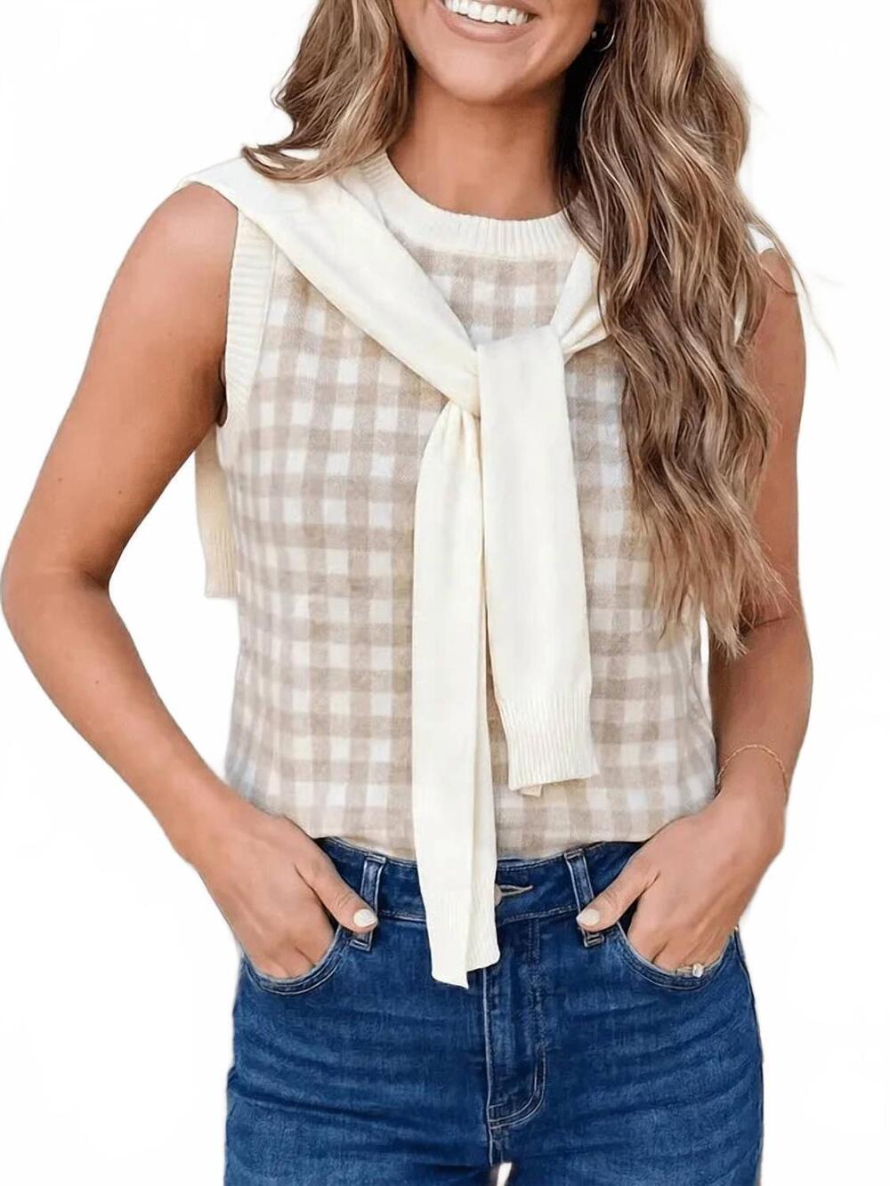 NEW FAIRE women's plaid knit detachable shawl wrap sweater tank top in khaki